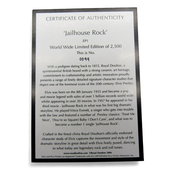 ROYAL DOULTON Elvis Jailhouse Rock Limited Edition 99/2500 Box Tag COA 2006 Figu - Picture 5 of 14